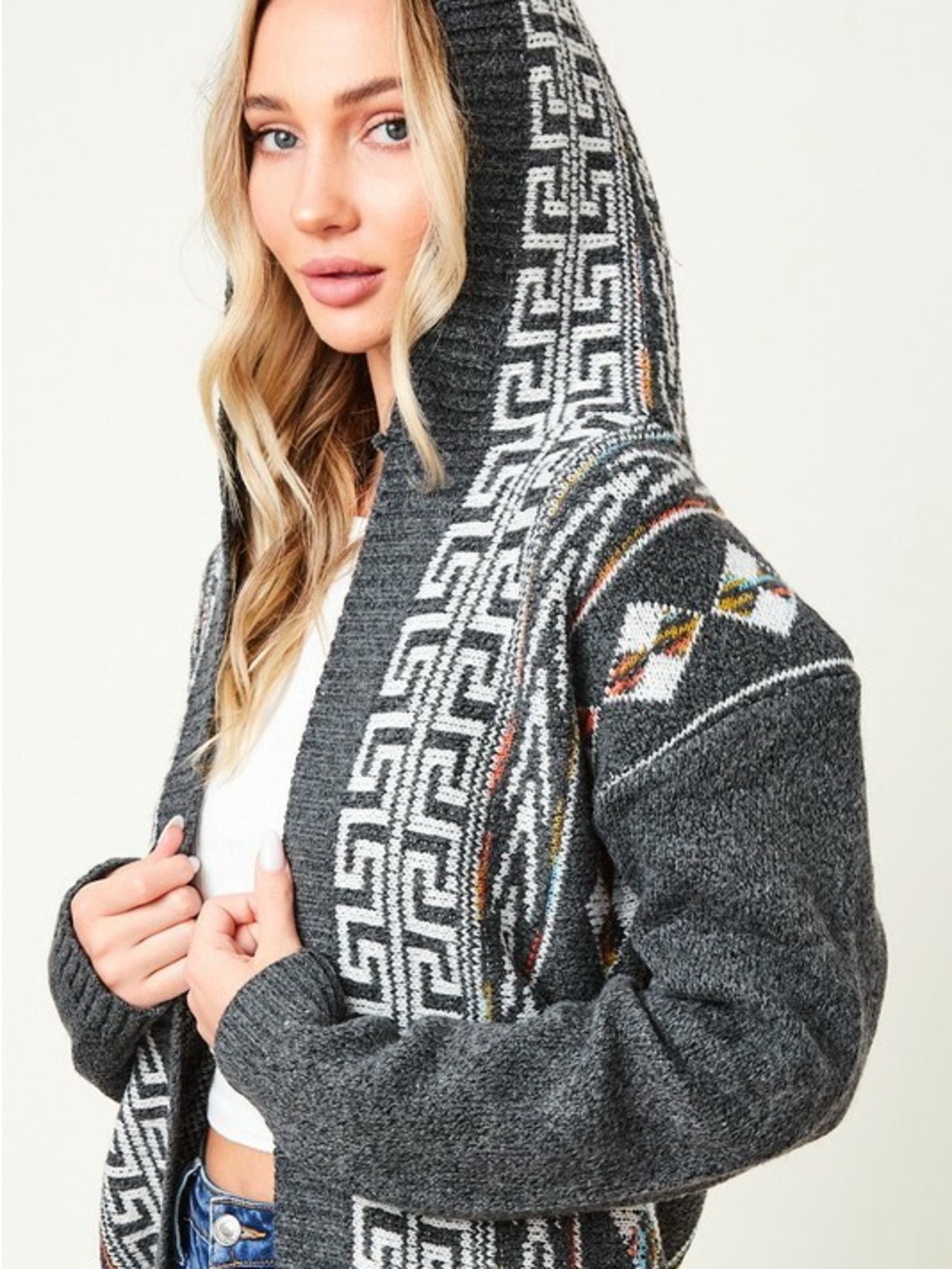 🏜️ ON BLUE AZTEC LONG CARDIGAN hooded SWEATER size L